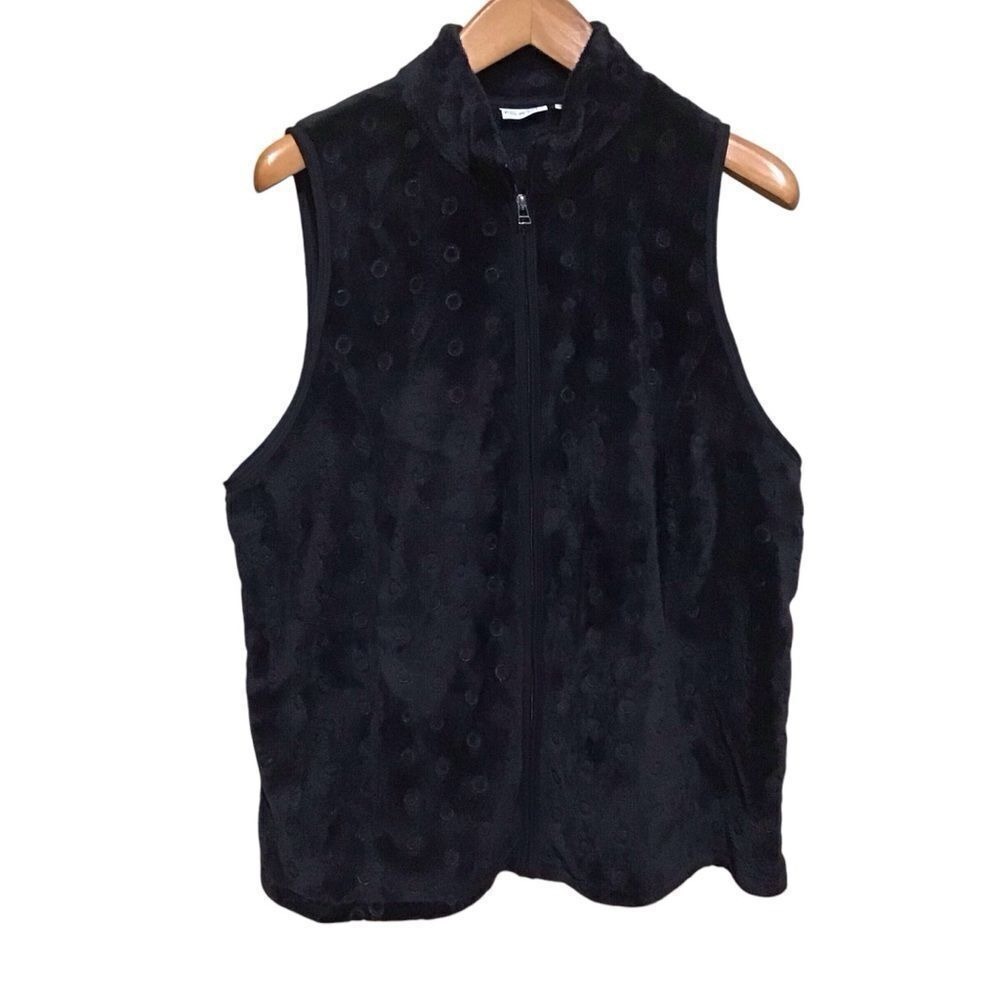 Kim Rogers Curvy 1X Vest Black Velour Zip Up Sleeveless Pockets